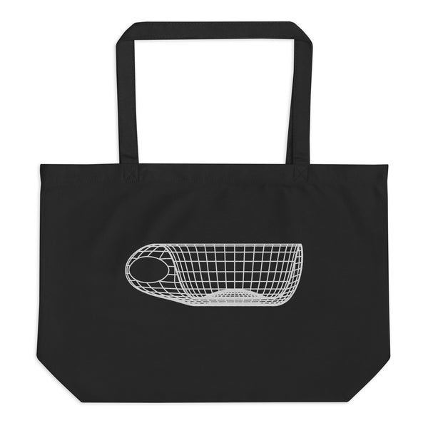 Black tote bag with a white geometric cup design on a white background